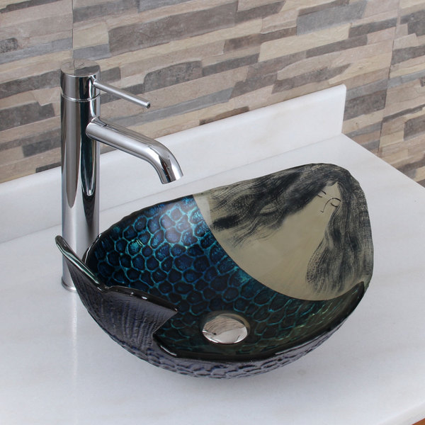 Elite Mermaid IVAN+F371023 Pattern Tempered Glass Bathroom Vessel Sink With Faucet Combo