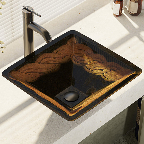 Rene By Elkay R5-5036-R9-7001 Foil Undertone Glass Vessel Sink with Faucet, Sink Ring, and Pop-Up Drain
