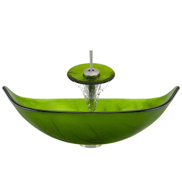 Polaris Sinks P906 Brushed Nickel Bathroom Ensemble (Vessel Sink, Waterfall Faucet, Pop-up Drain) - Leaf Glass