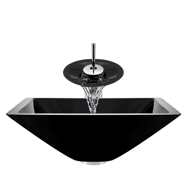 Polaris Sinks Chrome Black Square Vessel Sink and Waterfall Faucet - black glass