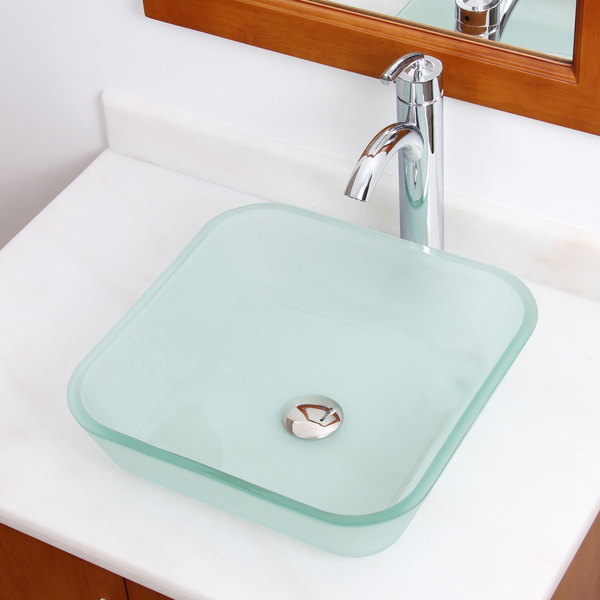 Frosted Square Tempered Glass Bathroom Vessel Sink With Faucet Combo