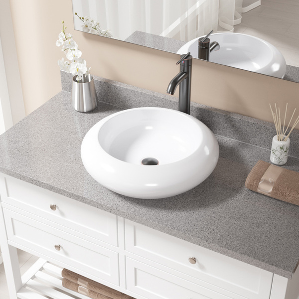 MR Direct V90 White Porcelain Sink with Antique Bronze Faucet and Popup Drain