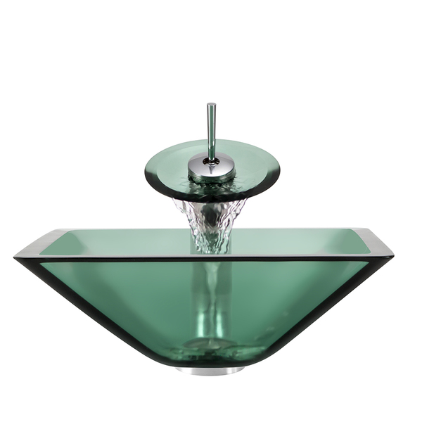 Polaris Sinks Chrome Emerald Square Vessel Sink and Waterfall Fauce - Emerald