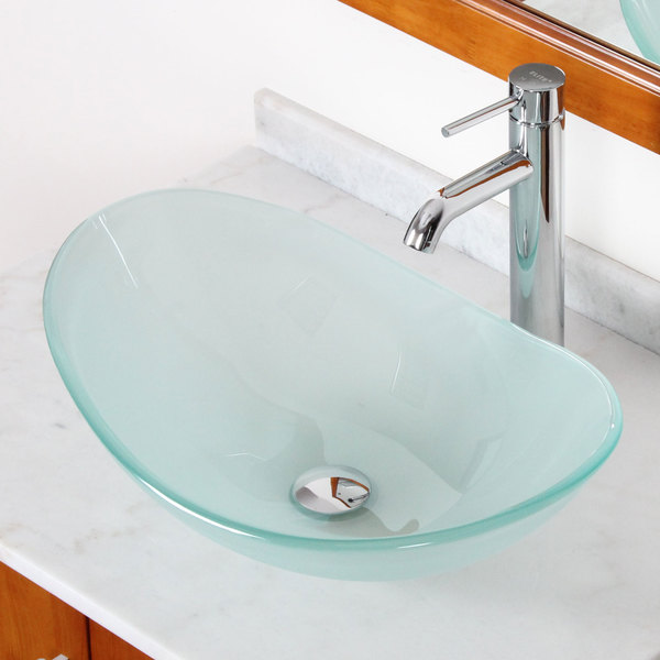 Elite GD33FF371023C Tempered Bathroom Glass Vessel Sink W. Unique Oval Shape With Faucet Combo