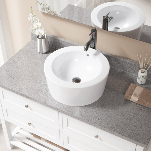 MR Direct V1902 White Porcelain Antique-bronze Faucet and Pop-up Drain Sink