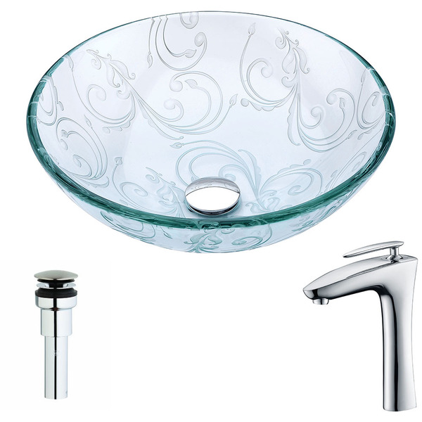 Anzzi Vieno Series Deco-glass Vessel Sink in Crystal Clear Floral with Crown Faucet in Chrome - Crystal Clear Floral Finish