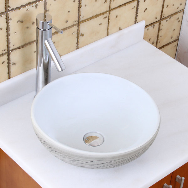 Elite 1575+2659 Round White and Gray Willow Porcelain Ceramic Bathroom Vessel Sink with Faucet Combo