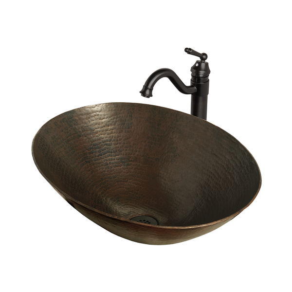 Novatto BILBOA Copper Vessel Sink Set, Oil Rubbed Bronze - Antique Oval Copper, Faucet and Strainer Drain
