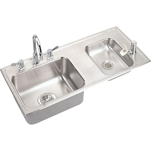 Elkay DRKAD371755RC 37-1/4' Double Basin Drop-In Stainless Steel Utility Sink with High-Arc Kitchen Faucet - Includes Bubbler,