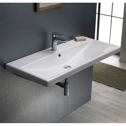 Nameeks 032400-U Elite 39-3/8' Ceramic Wall Mounted/Drop in Bathroom Sink with 1 / 3 Faucet Holes Drilled - Includes Overflow