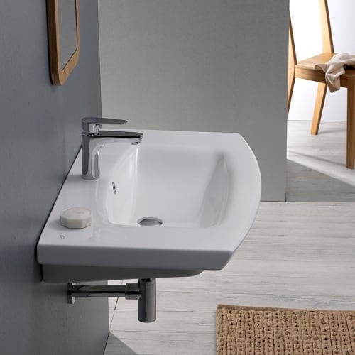 Nameeks 090100-U Plus 35-7/16' Ceramic Wall Mounted/Drop in Bathroom Sink with 1 / 3 Faucet Holes Drilled - Includes Overflow