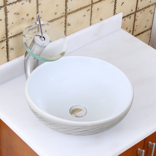 Elite 1575+f22t Round White and Gray Willow Porcelain Ceramic Bathroom Vessel Sink Waterfall Faucet Combo