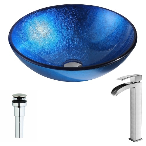 Anzzi LSAZ027-097 Clavier Brass and Glass 16-1/2' Vessel Bathroom Sink with Key - lustrous blue / brushed nickel
