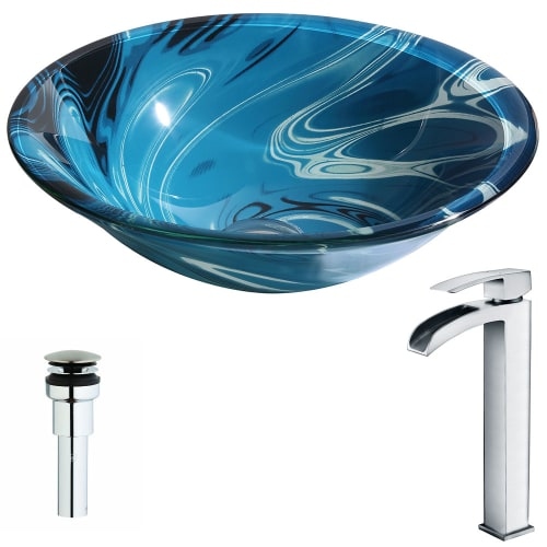 Anzzi LSAZ075-097 Symphony Brass and Glass Deck Mounted or Vessel Bathroom Sink - lustrous dark blue / nickel