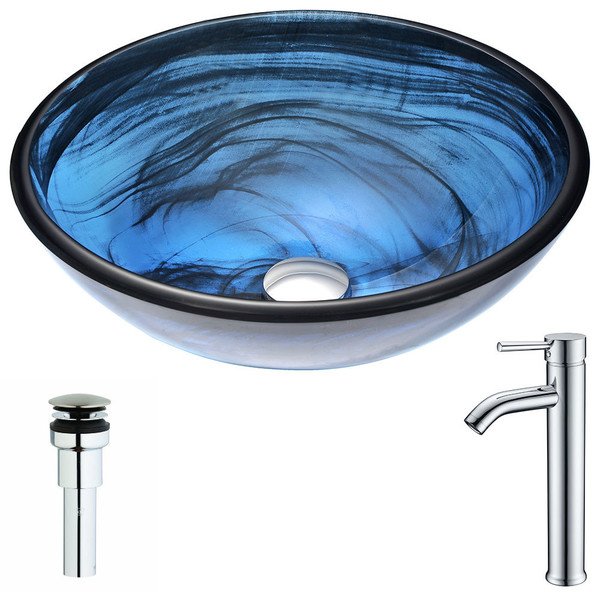 ANZZI Soave Series Sapphire Wisp Deco-Glass Vessel Sink with Fann Chrome Faucet - Sapphire Wisp Finish