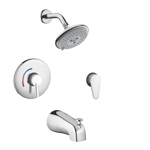 Hansgrohe 4465 Focus S Shower System with Pressure Balance Trims Shower Head and Tub Spout with 2 Handle Style Options