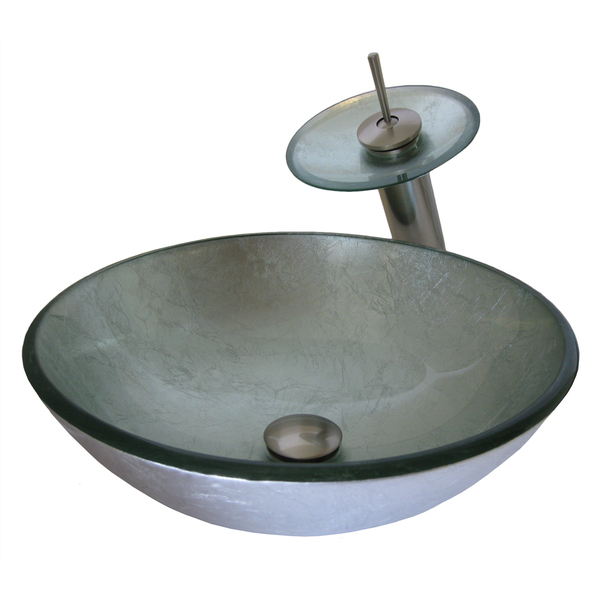 Novatto Argento Glass Vessel Bathroom Sink Set, Brushed Nickel - Silver Foiled, Brushed Nickel Faucet, Drain