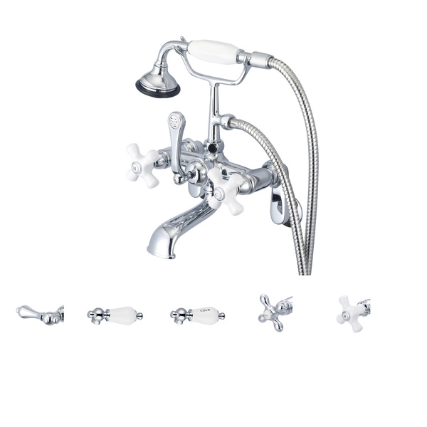 Water Creation Vintage Classic Chrome Adjustable Center Wall Mount Tub Faucet With Swivel Wall Connector and Handheld Shower