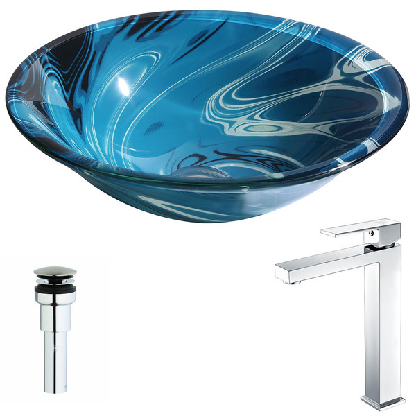 Anzzi Symphony Series Deco-glass Vessel Sink in Lustrous Dark Blue with Enti Faucet in Chrome - Lustrous Dark Blue Finish