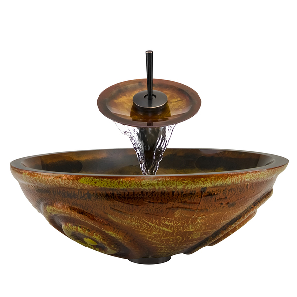 Polaris Sinks P016 Oil Rubbed Bronze Bathroom Ensemble (Vessel Sink, Waterfall Faucet, Pop-up Drain) - Orange and Gold Painted Effect