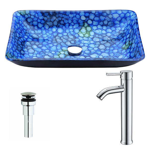 ANZZI Assai Series Lustrous Blue Deco-Glass Vessel Sink with Fann Chrome Faucet - Lustrous Blue Finish