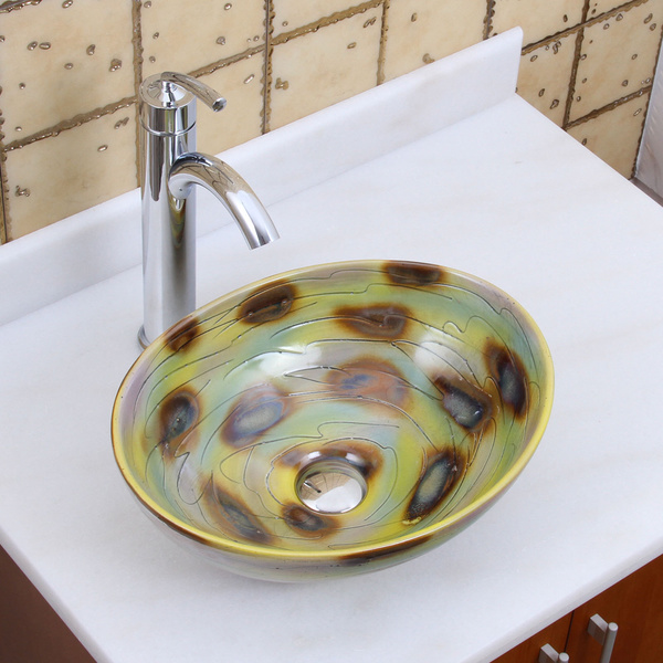 Elite 1560 882002 Oval Magic Color Glaze Porcelain Ceramic Bathroom Vessel Sink With Faucet Combo
