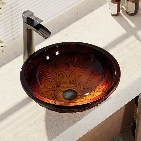 Rene By Elkay R5-5018-R9-7007 Red Lava Glass Bathroom Sink with Faucet, Sink Ring, and Pop-Up Drain