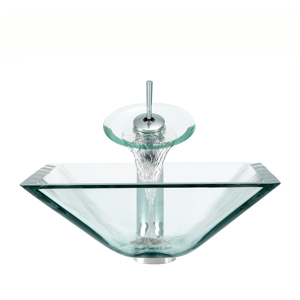 Polaris Sinks Chrome Crystal Square Vessel Sink and Waterfall Faucet - Crystal