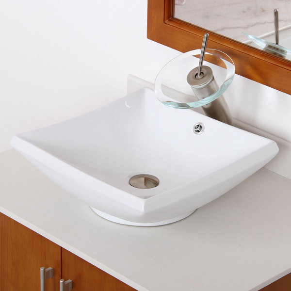 Elite High Temperature Ceramic Square Bathroom Sink and Bushed Nickel Finish Waterfall Faucet Combo