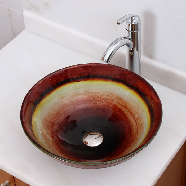 Rainbow Pattern Tempered Glass Bathroom Vessel Sink With Faucet