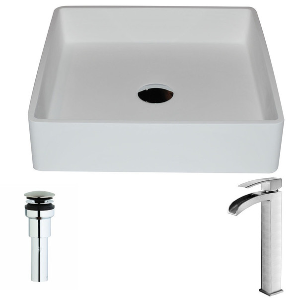 ANZZI Passage Series 1-Piece Matte White Manmade Stone Vessel Sink with Key Brushed Nickel Faucet - Matte