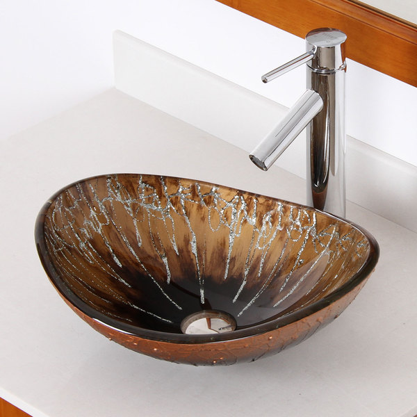 Elite 1415/ 2659 Unique Oval Artistic Bronze Tempered Glass Bathroom Vessel Sink with Faucet Combo