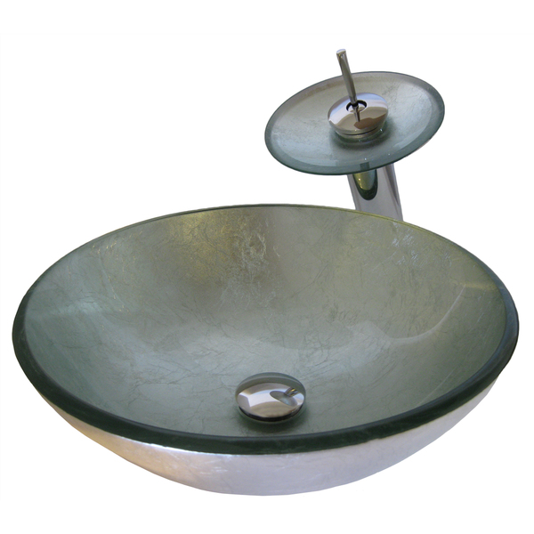Novatto Argento Glass Vessel Bathroom Sink Set, Chrome - Silver Foiled, Chrome Faucet, Drain