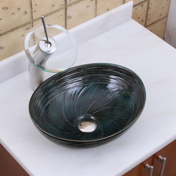 Elite 1559 F22T Oval Dark Green Glaze Porcelain Ceramic Bathroom Vessel Sink Waterfall Faucet Combo