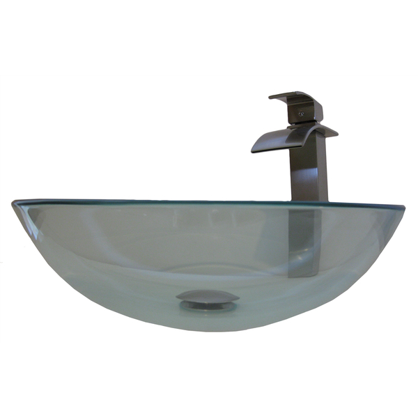 Novatto Bonificare Glass Vessel Bathroom Sink Set, Brushed Nickel - Clear, Brushed Nickel Faucet, Drain