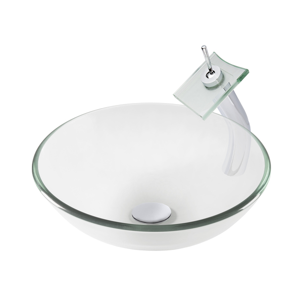 Novatto Bonificare Glass Vessel Bathroom Sink Set, Chrome - Clear, Chrome Faucet, Drain