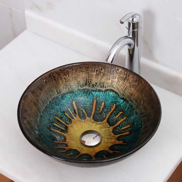 Volcanic Pattern Tempered Glass Bathroom Vessel Sink With Faucet Combo