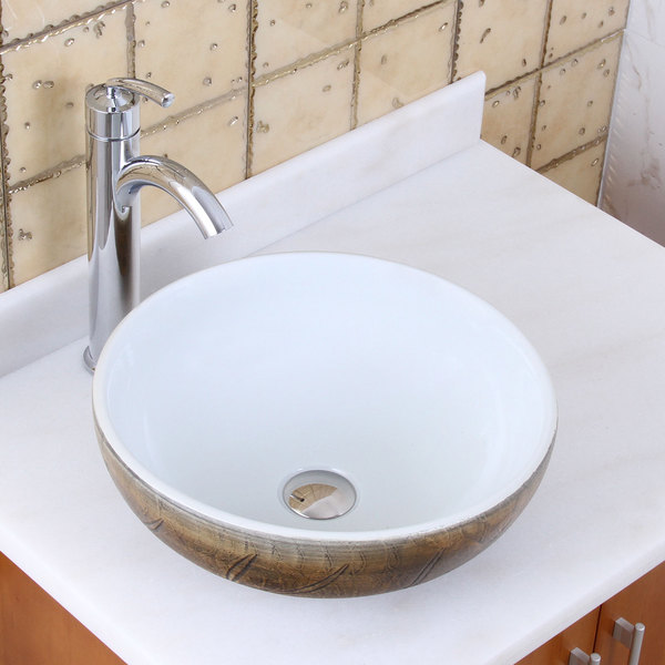 Elite 1576+882002 Round Autumn Leave and White Porcelain Ceramic Bathroom Vessel Sink with Faucet Combo