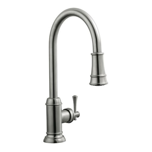 Design House 524702 Single Handle Satin Nickel Kitchen Faucet with Metal Lever Handle and Pull-Out Spray from the Ironwood