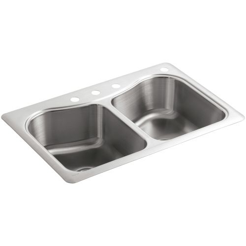 Kohler K-3369-4 Staccato 33' Double Basin Top-Mount 18-Gauge Stainless Steel Kitchen Sink with SilentShield