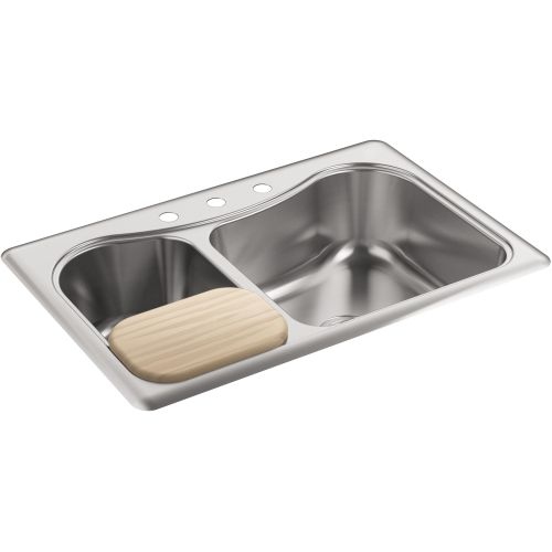 Kohler K-3361-3 Staccato 33' Double Basin Drop In 18-Gauge Stainless Steel Kitchen Sink with SilentShield, Cutting Board, and