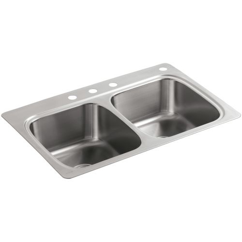 Kohler K-5267-4 Verse 33' Double Basin Drop In Stainless Steel Kitchen Sink With Four Faucet Holes