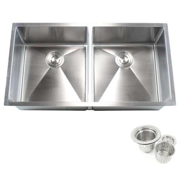 Silver Stainless Steel Double Bowl Undermount Kitchen Sink - 37' Double 50/50 Bowl 15mm Radius Kitchen Sink