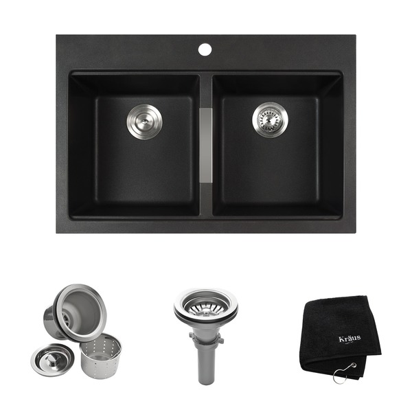 KRAUS 33-inch Dual Mount 50/50 Double Bowl Granite Kitchen Sink w/ Topmount and Undermount Installation - Onyx Black