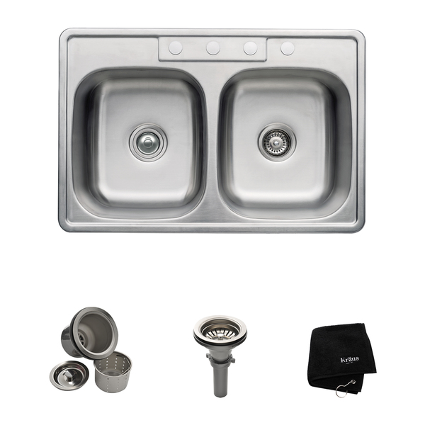 KRAUS 33-inch Topmount 50/50 Double Bowl 18 Gauge Stainless Steel Kitchen Sink with NoiseDefend Soundproofing - Stainless Steel