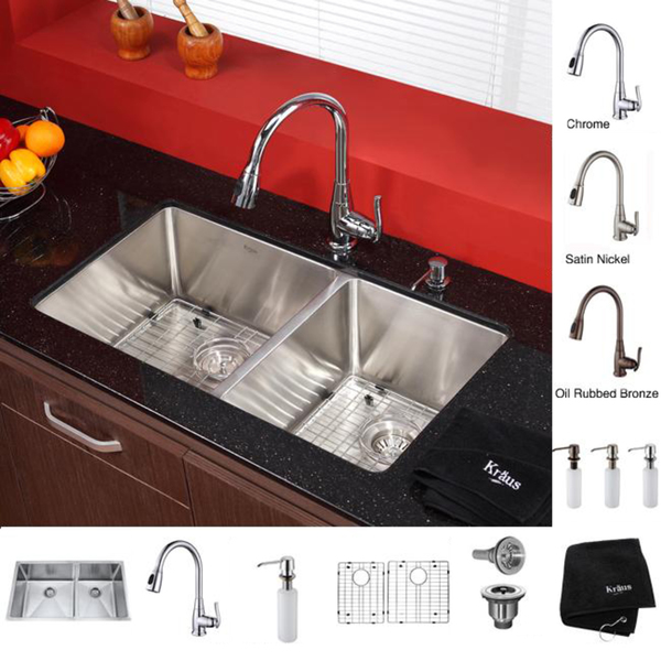 KRAUS 33 Inch Undermount Double Bowl Stainless Steel Kitchen Sink with Kitchen Faucet and Soap Dispenser - Satin Nickel