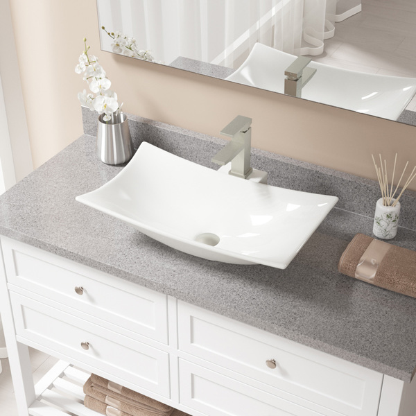 MR Direct Bisque Porcelain Sink with Brushed Nickel Faucet and Pop-up Drain