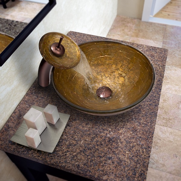 VIGO Textured Copper Glass Vessel Sink and Waterfall Faucet Set in Oil Rubbed Bronze