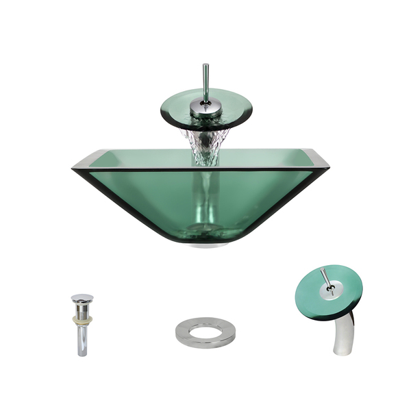 MR Direct 603 Emerald Colored Glass Vessel Sink, with Chrome Vessel Faucet, Sink Ring, and Vessel Pop-up Drain